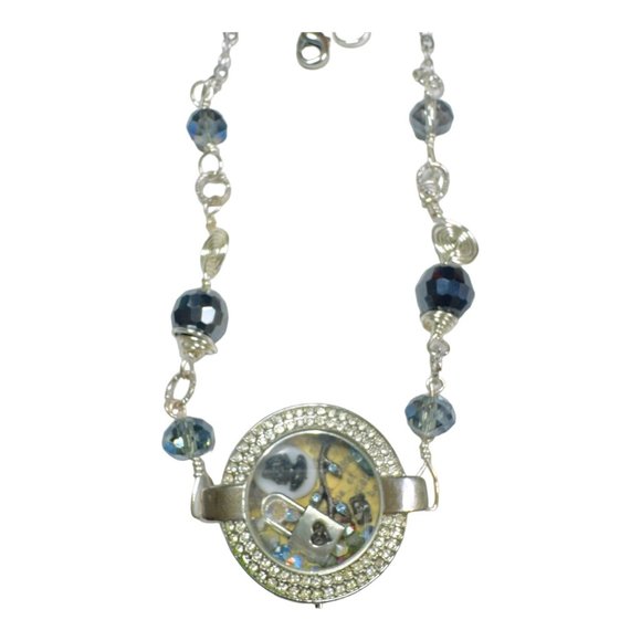 Upcycled Watch Shell Crystal Necklace Floating Memory Cameo & Swarovski Pendant - Picture 8 of 14